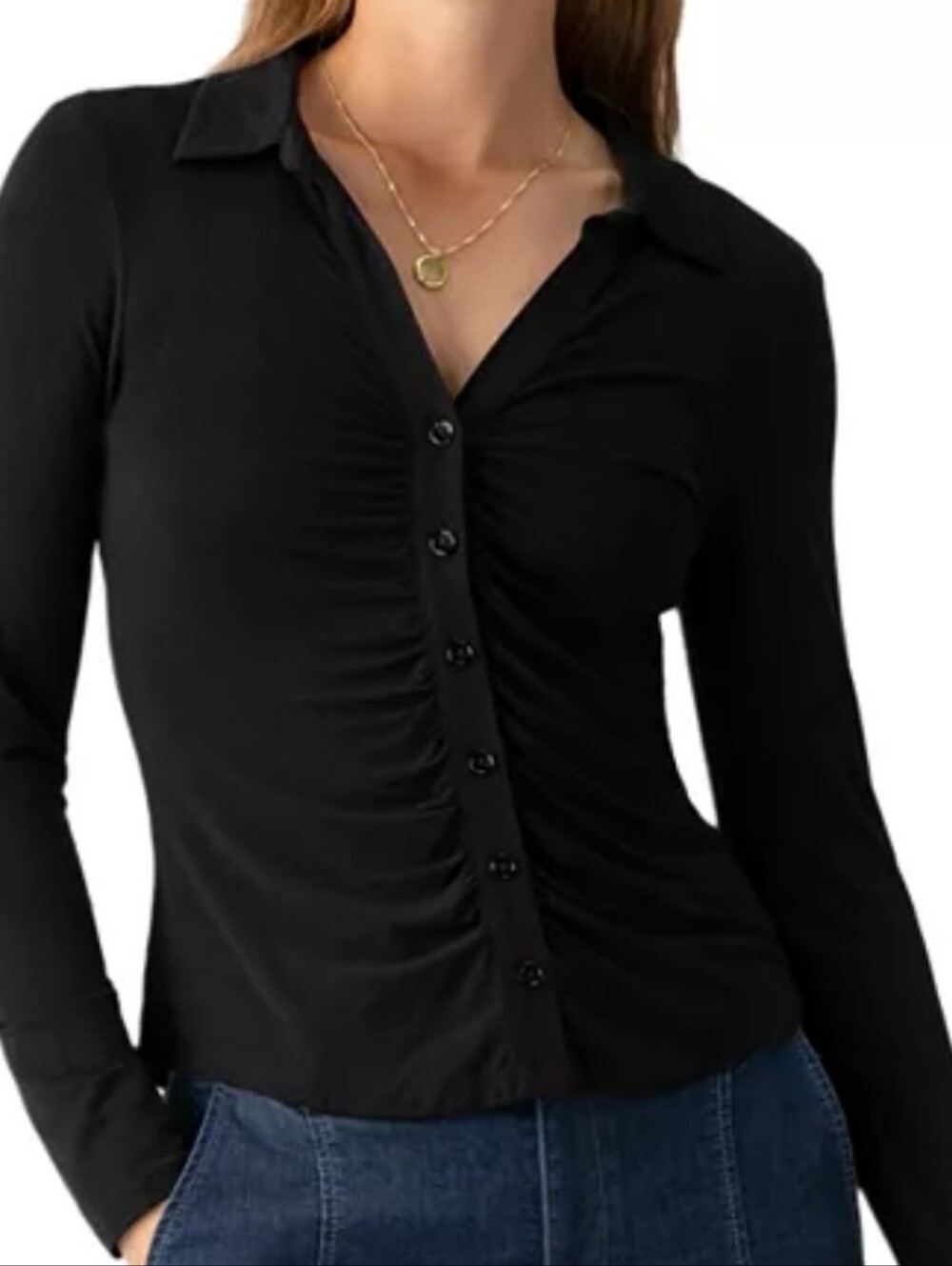 Sanctuary Black Dreamgirl Ruched Knit Button-Down Shirt